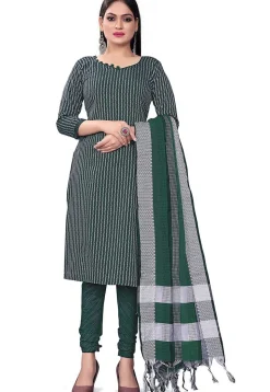Woven Cotton Jacquard Straight Suit in Dark Green