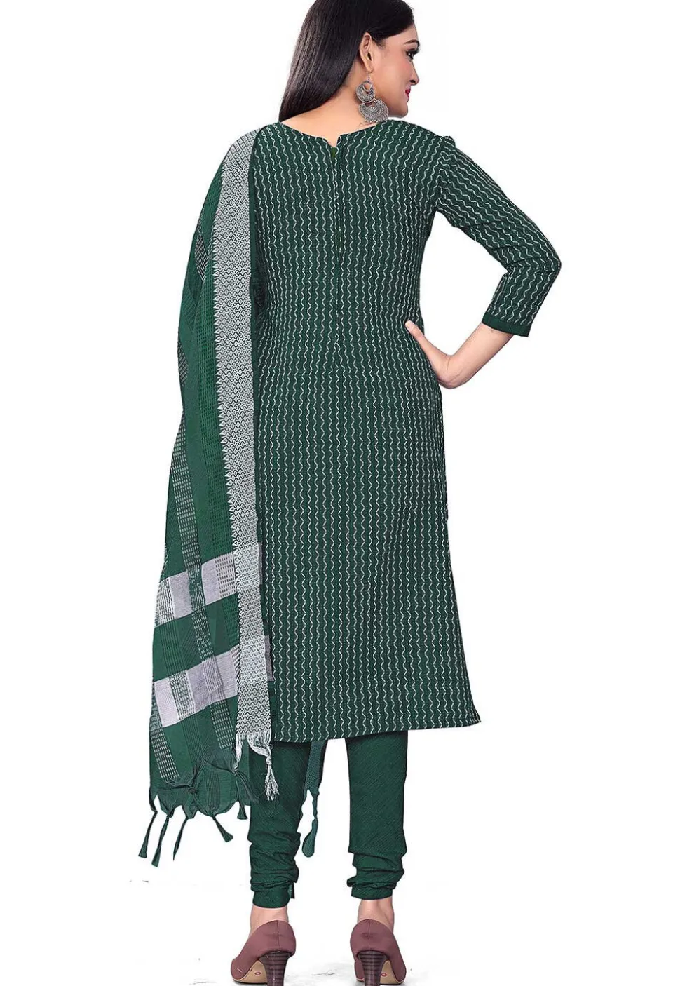 Woven Cotton Jacquard Straight Suit in Dark Green