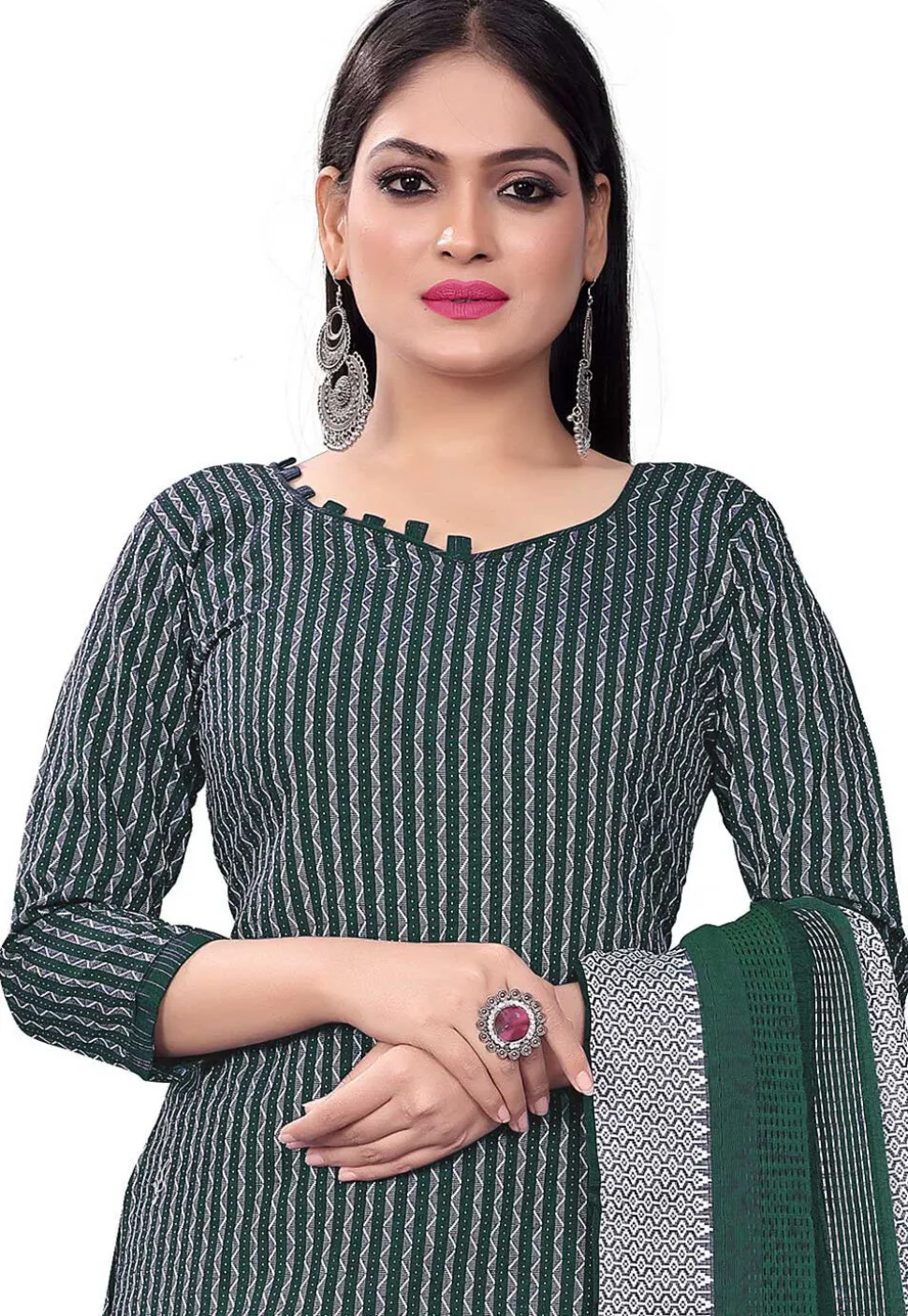 Woven Cotton Jacquard Straight Suit in Dark Green