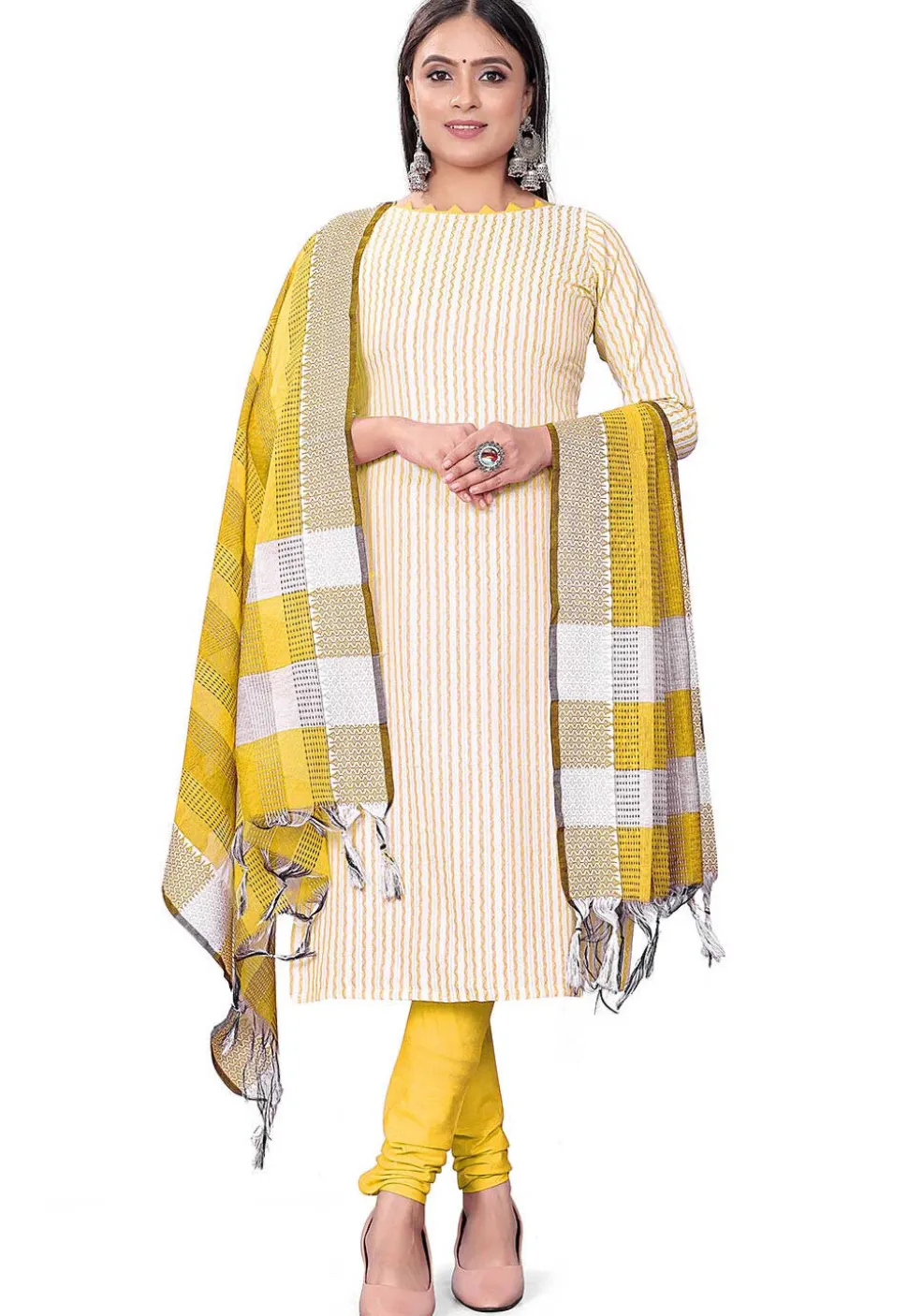 Woven Cotton Jacquard Straight Suit in Light Yellow