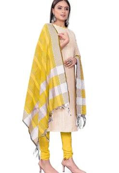 Woven Cotton Jacquard Straight Suit in Light Yellow