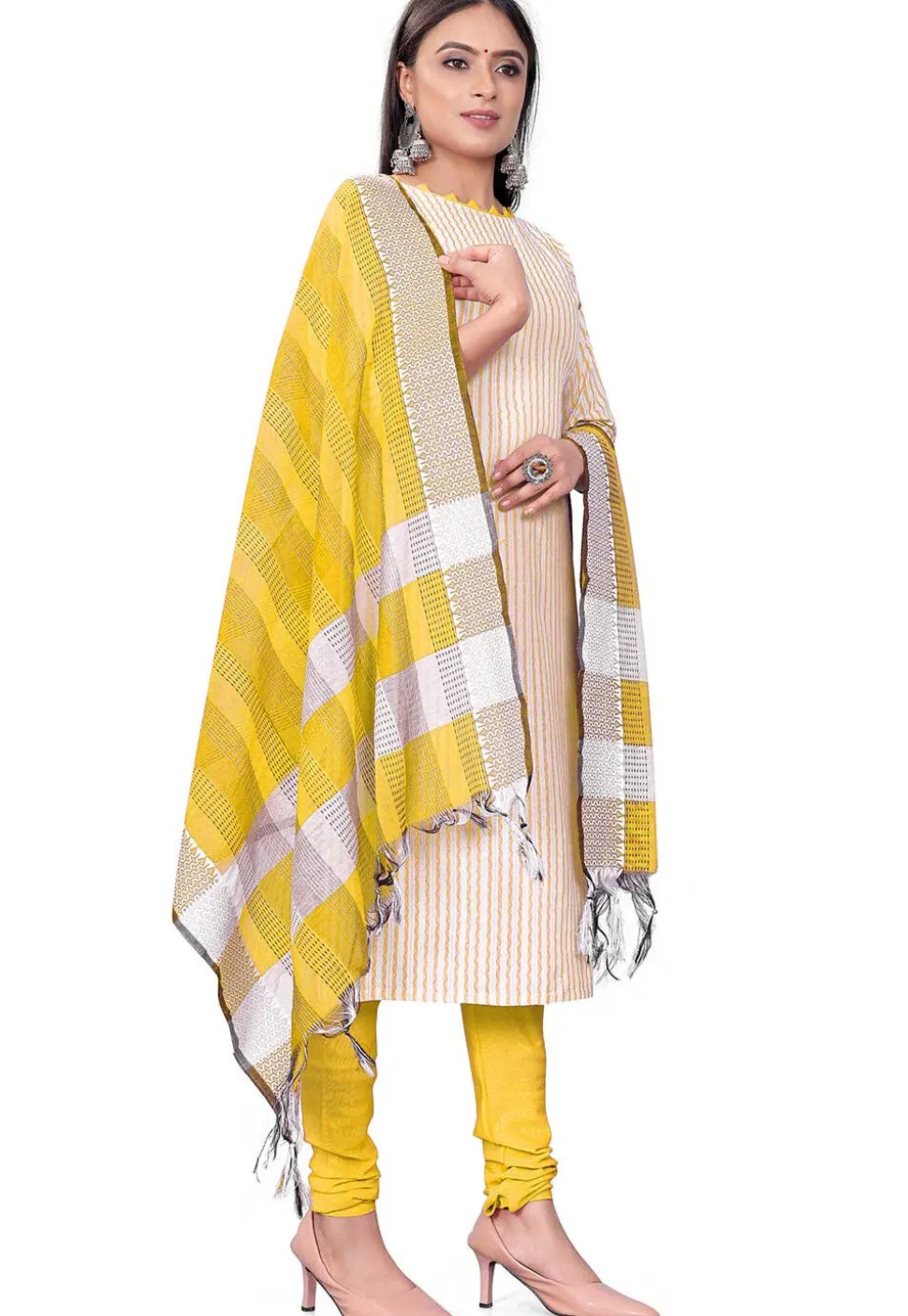 Woven Cotton Jacquard Straight Suit in Light Yellow