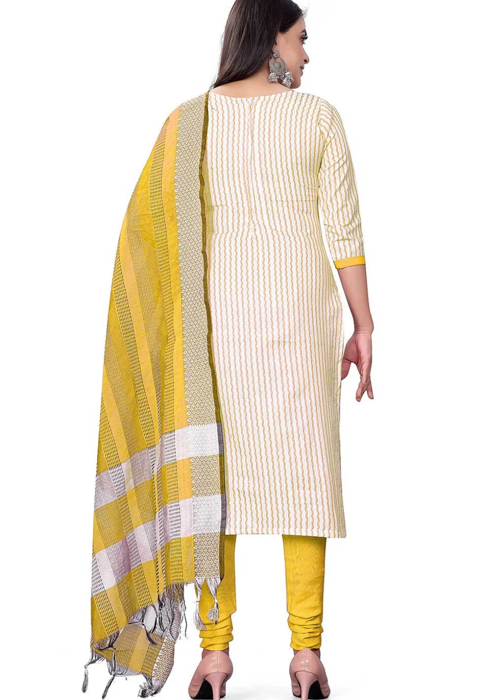 Woven Cotton Jacquard Straight Suit in Light Yellow