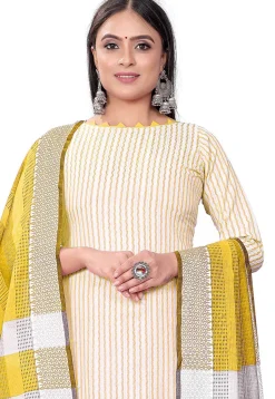 Woven Cotton Jacquard Straight Suit in Light Yellow