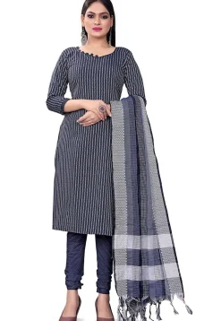 Woven Cotton Jacquard Straight Suit in Blue