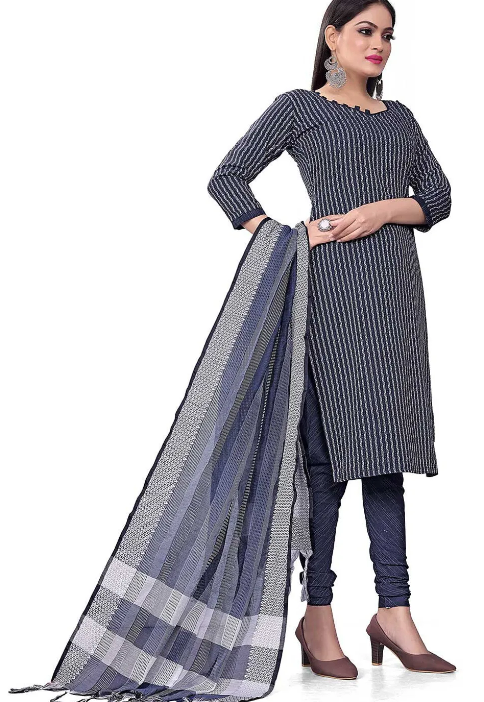 Woven Cotton Jacquard Straight Suit in Blue