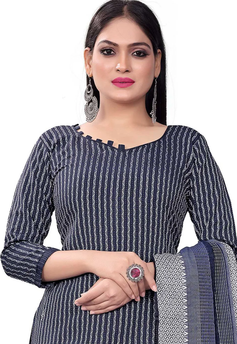 Woven Cotton Jacquard Straight Suit in Blue