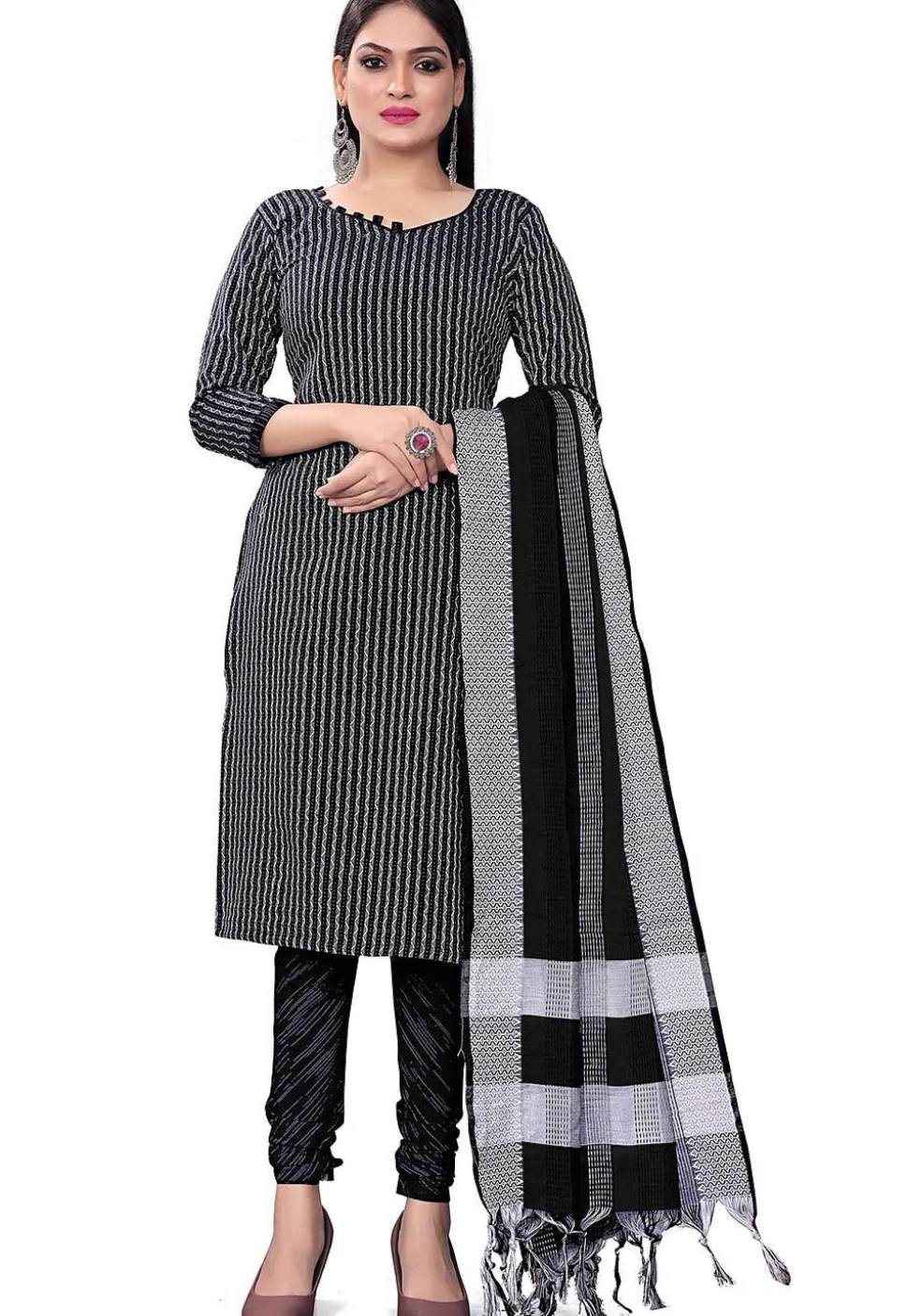 Woven Cotton Jacquard Straight Suit in Black