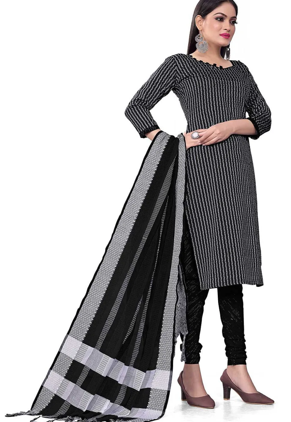 Woven Cotton Jacquard Straight Suit in Black