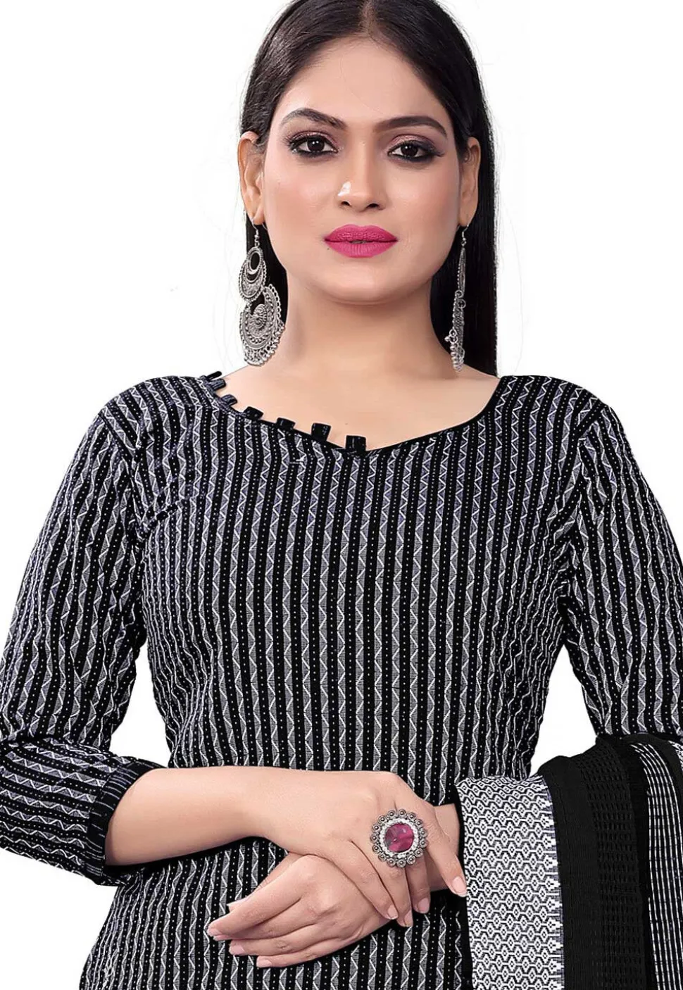 Woven Cotton Jacquard Straight Suit in Black