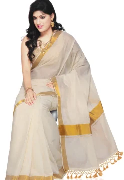 Woven Cotton Kerala Kasavu Saree in Off White
