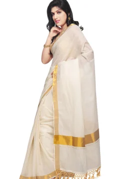 Woven Cotton Kerala Kasavu Saree in Off White