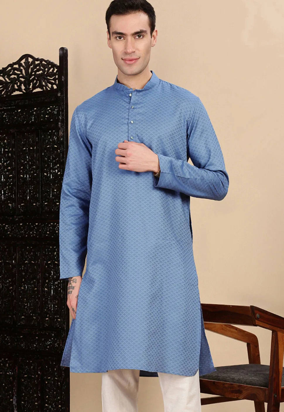 Woven Cotton Kurta in Blue