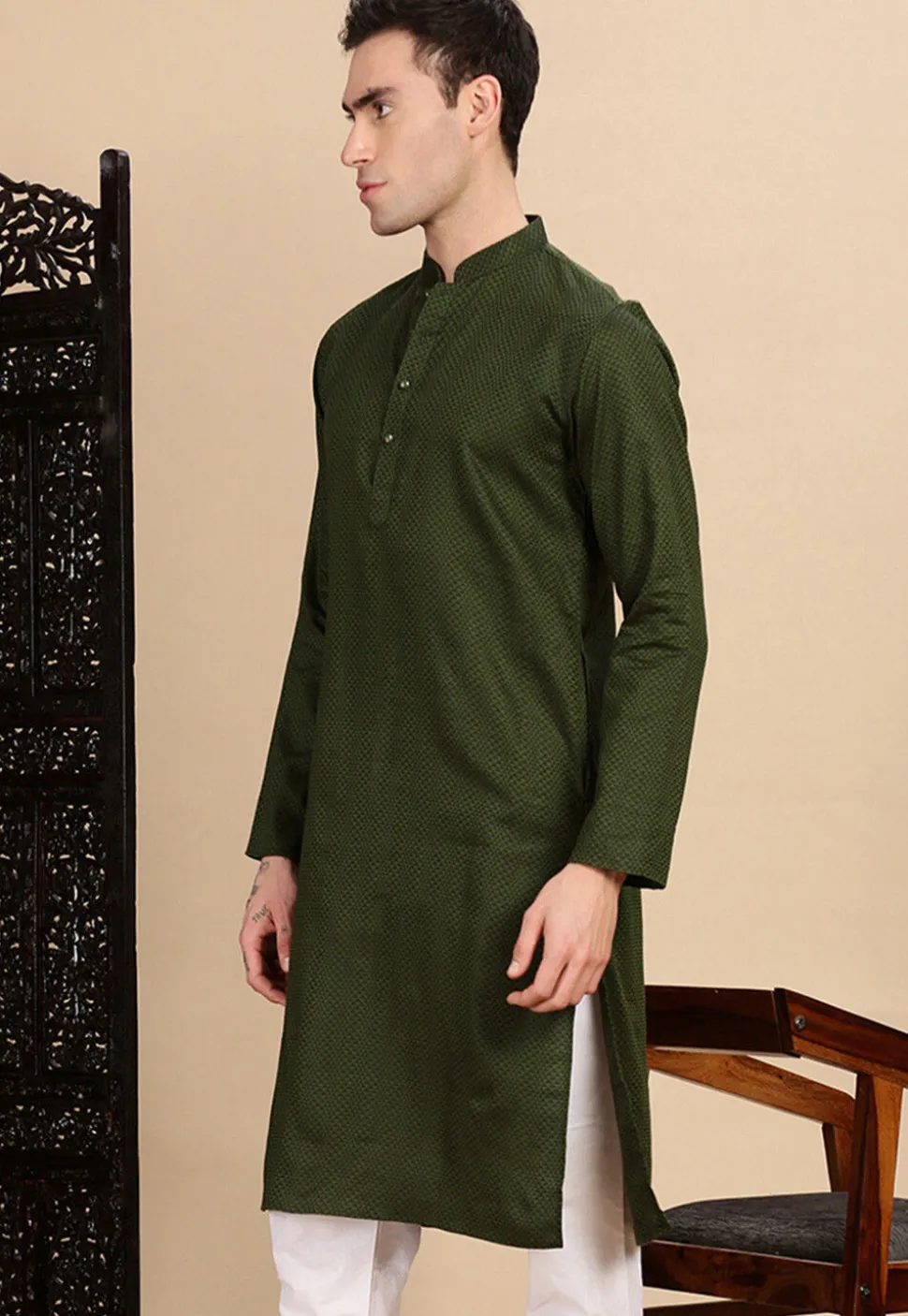 Woven Cotton Kurta in Dark Olive Green