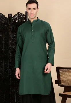 Woven Cotton Kurta in Dark Green