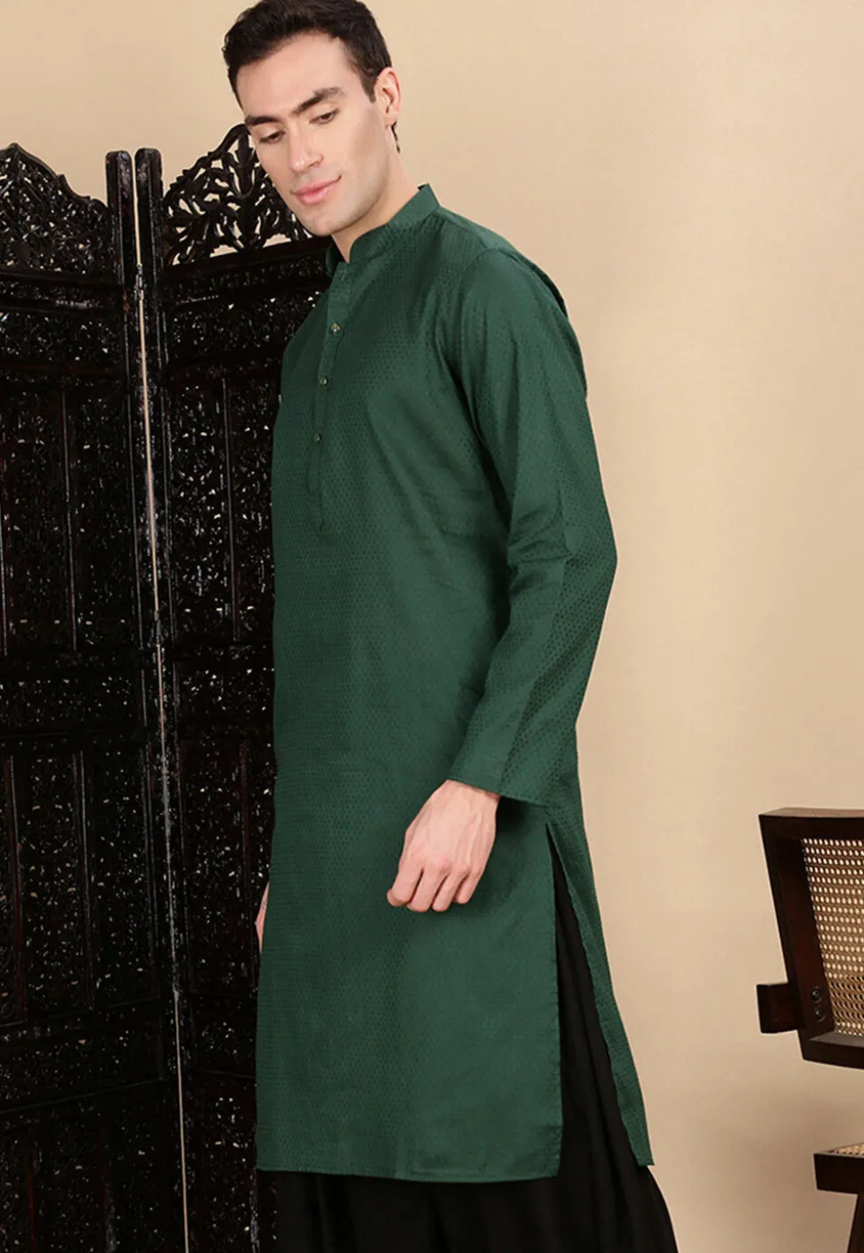 Woven Cotton Kurta in Dark Green