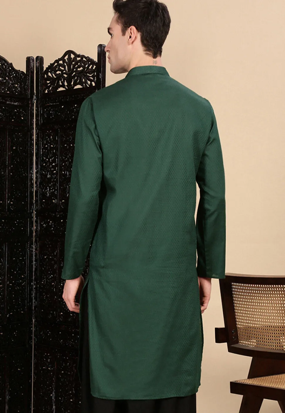 Woven Cotton Kurta in Dark Green