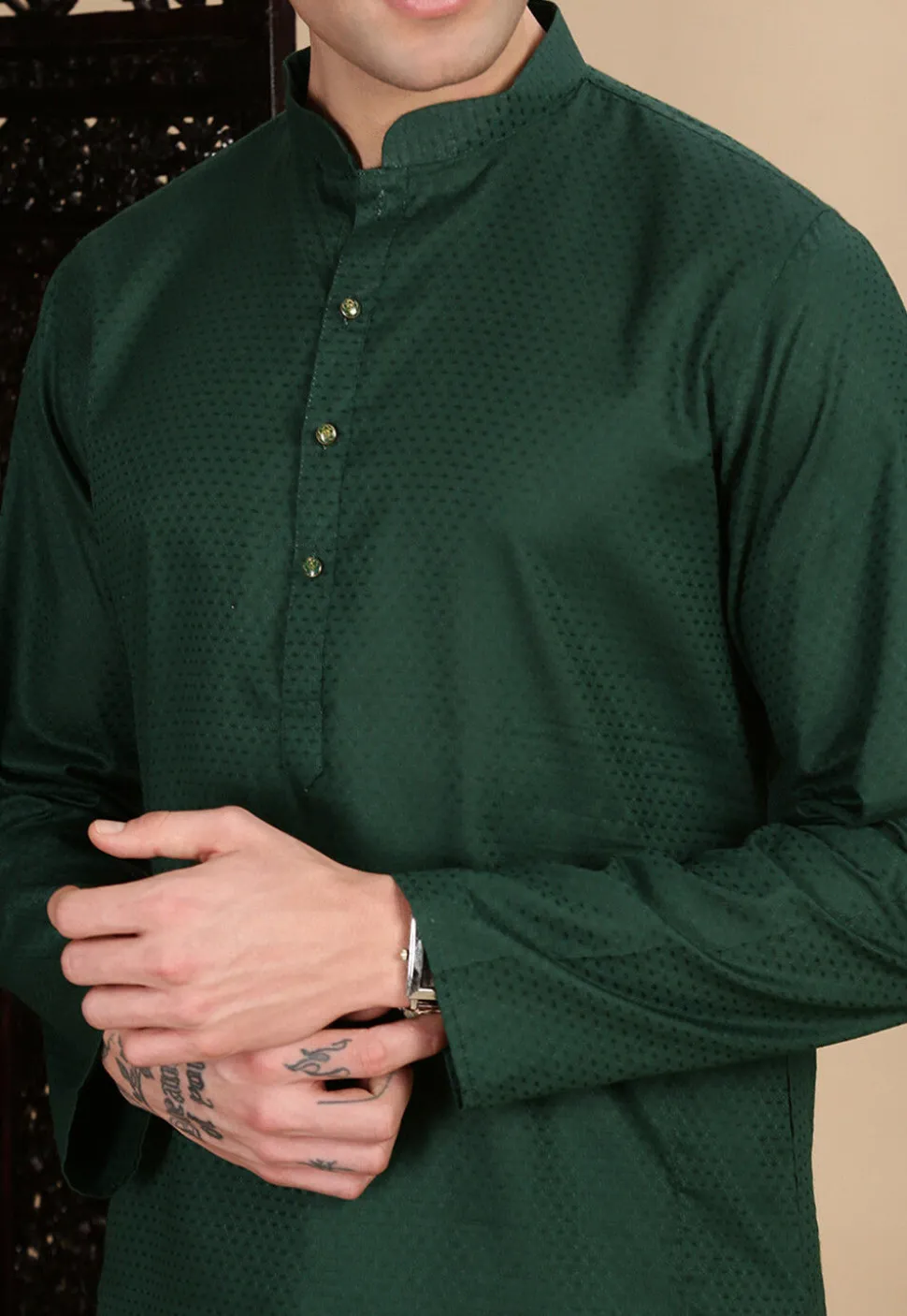 Woven Cotton Kurta in Dark Green
