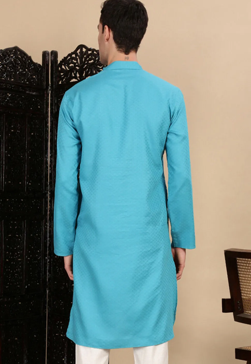 Woven Cotton Kurta in Light Blue