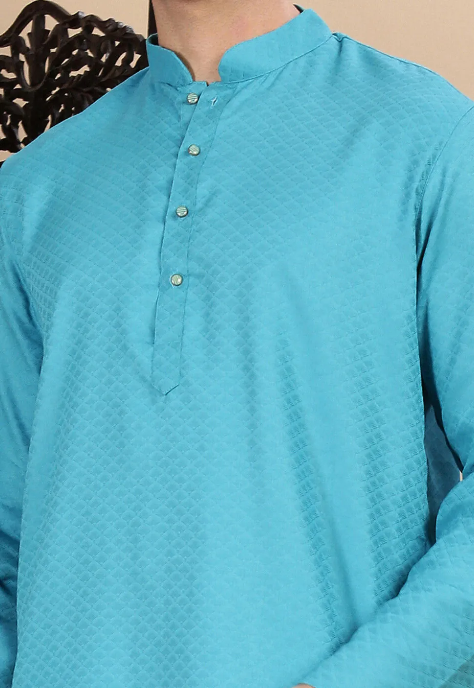 Woven Cotton Kurta in Light Blue