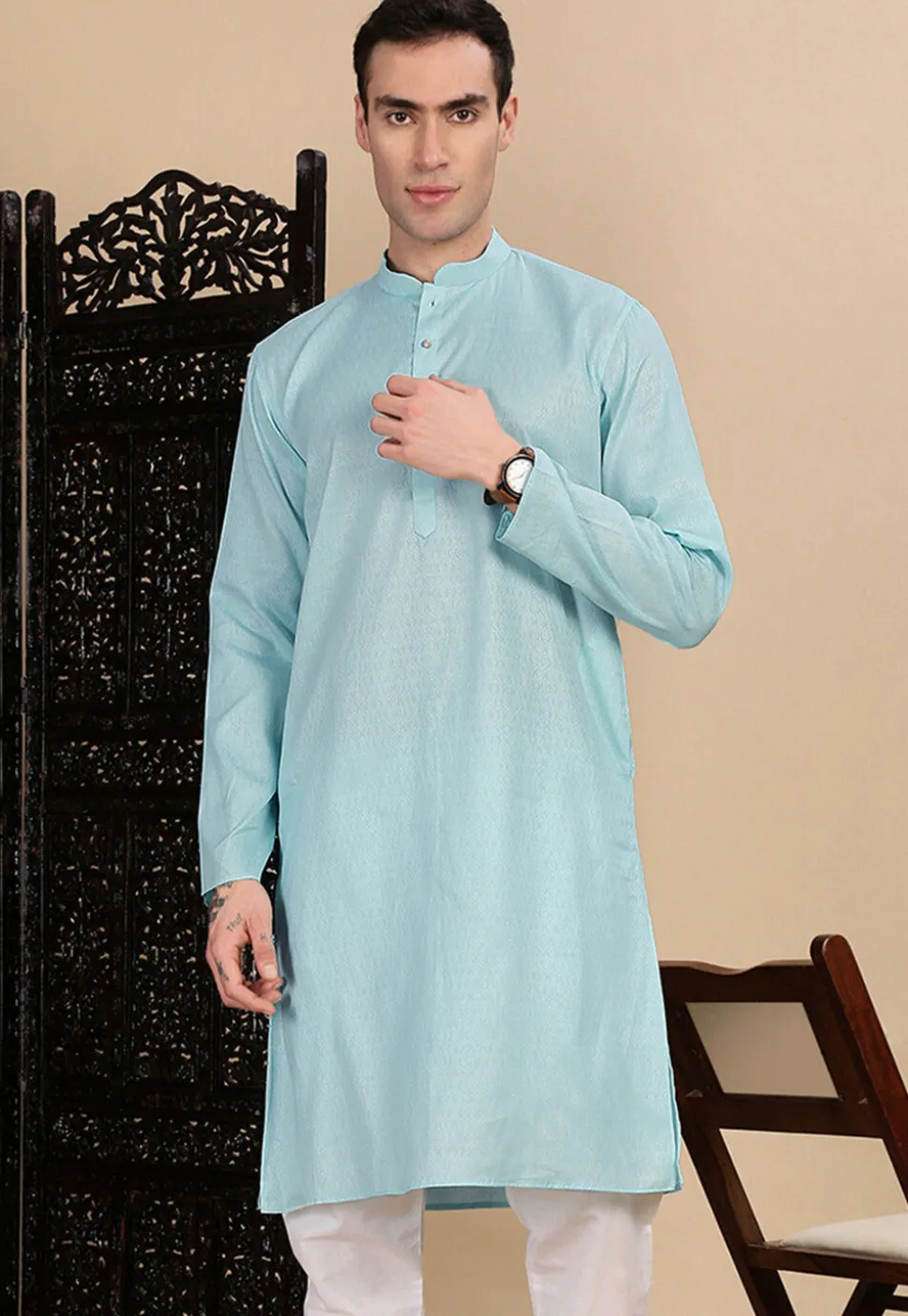 Woven Cotton Kurta in Light Blue