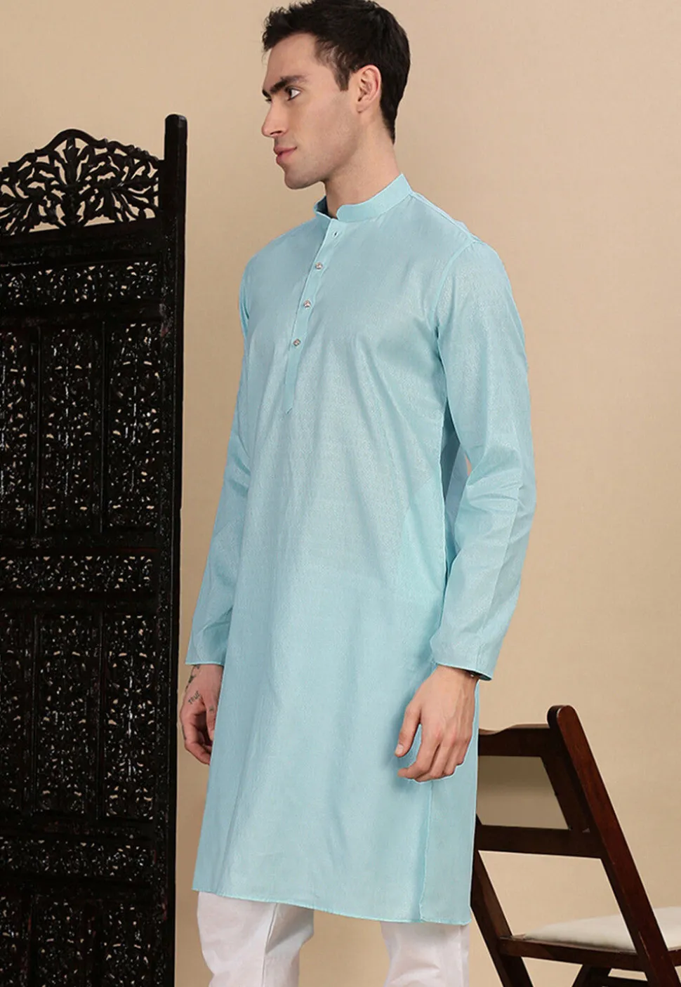 Woven Cotton Kurta in Light Blue