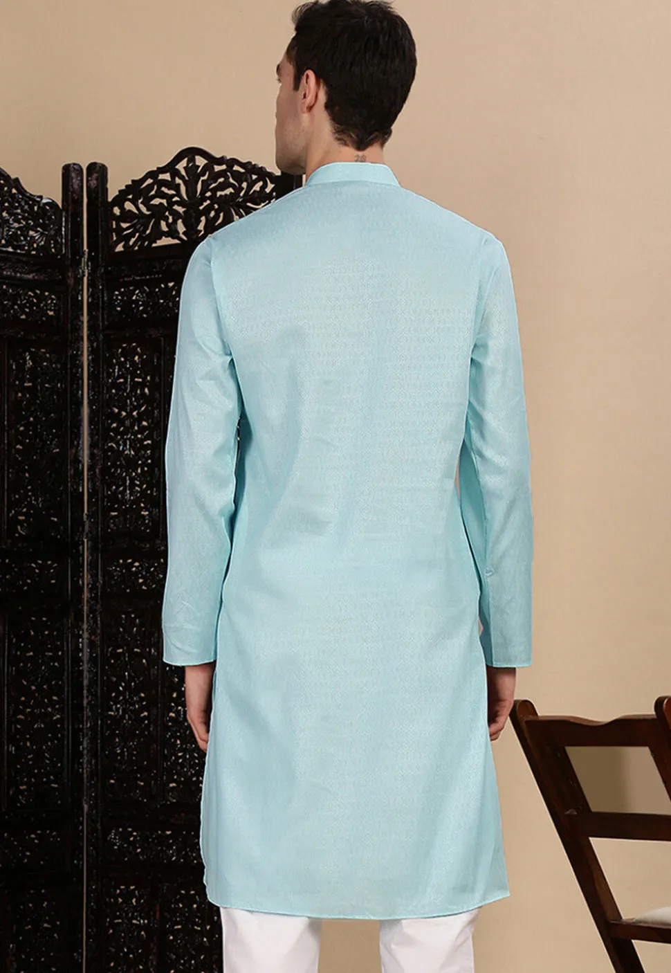 Woven Cotton Kurta in Light Blue