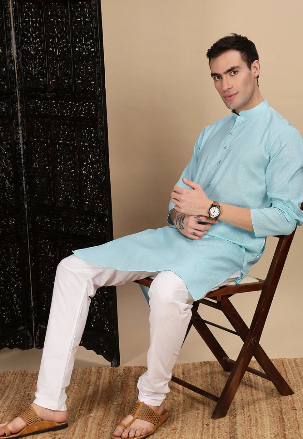 Woven Cotton Kurta in Light Blue