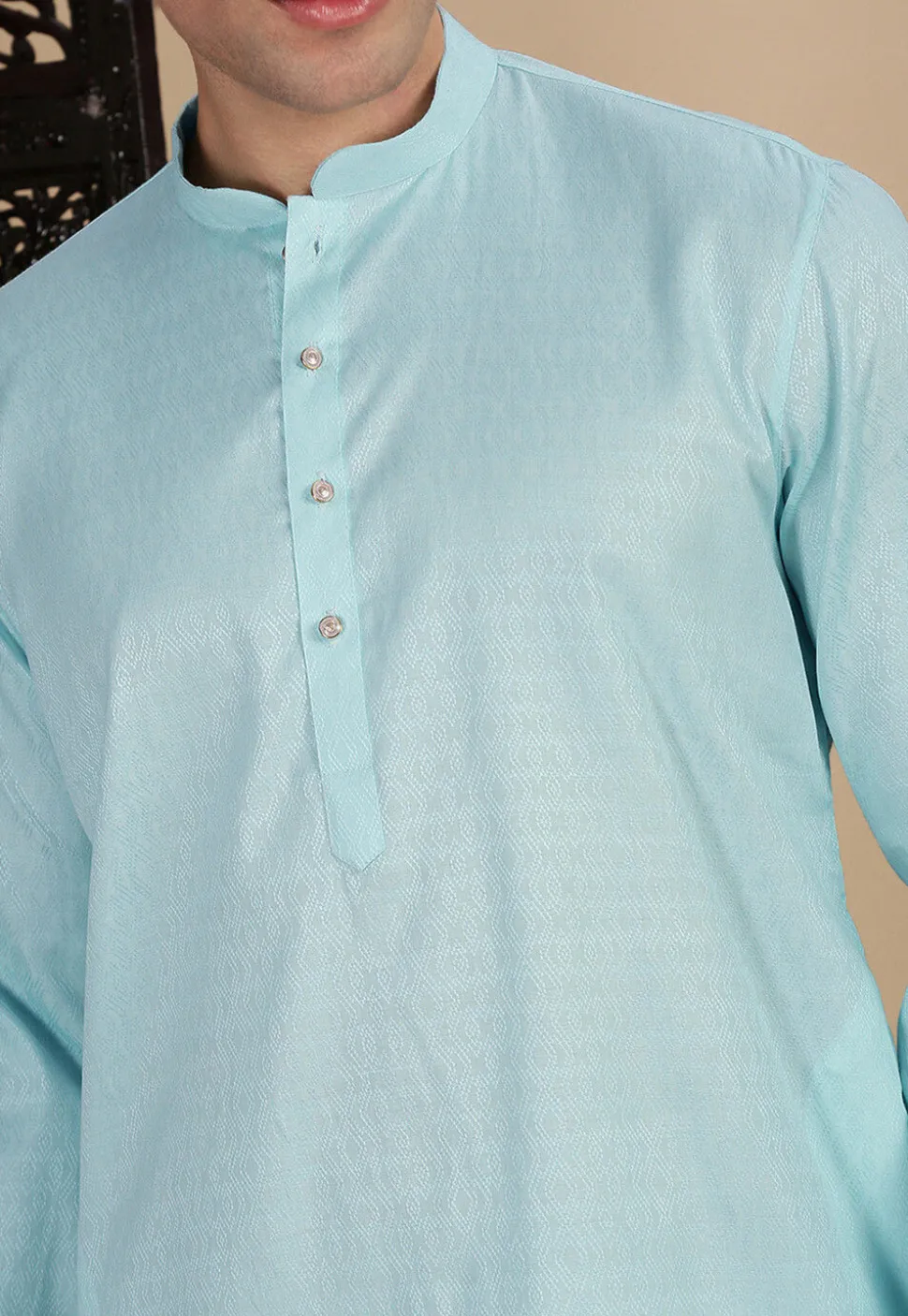 Woven Cotton Kurta in Light Blue
