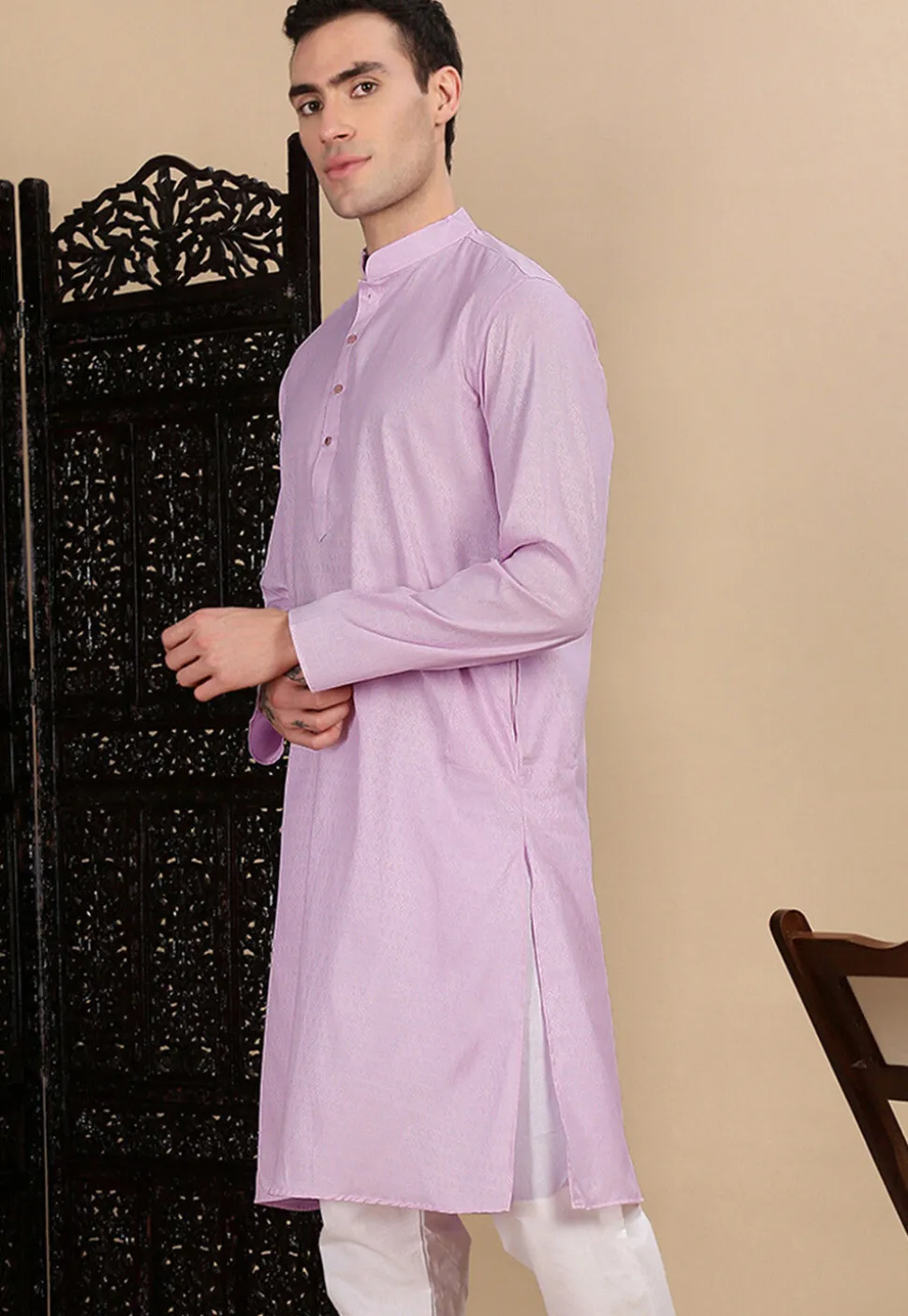 Woven Cotton Kurta in Light Purple