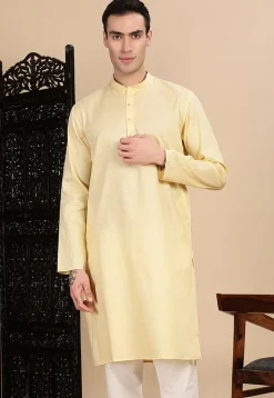 Woven Cotton Kurta in Light Yellow