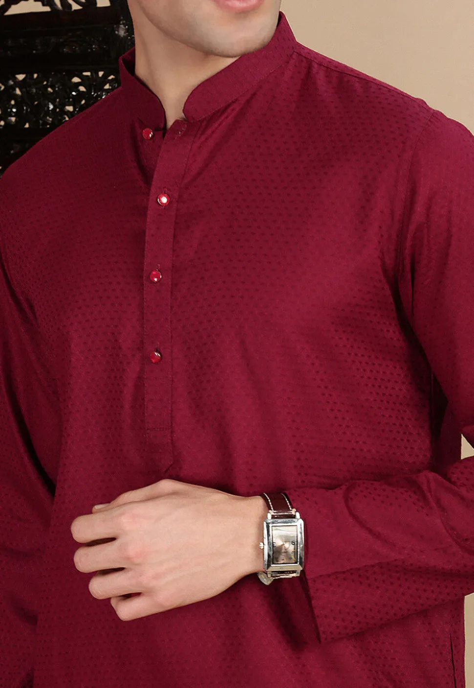 Woven Cotton Kurta in Maroon