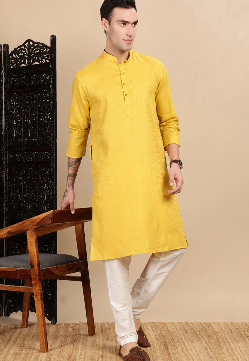 Woven Cotton Kurta in Mustard