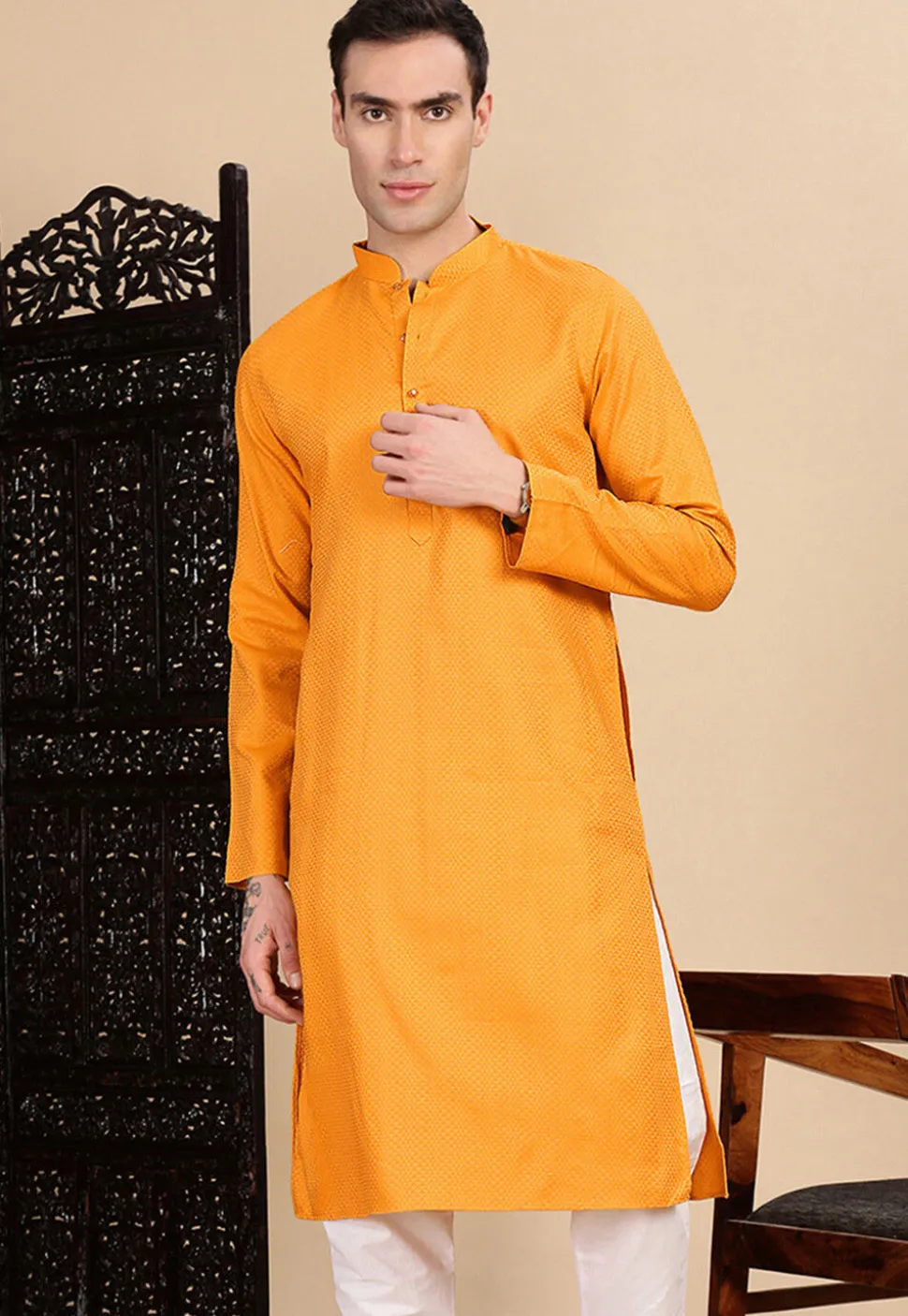 Woven Cotton Kurta in Mustard