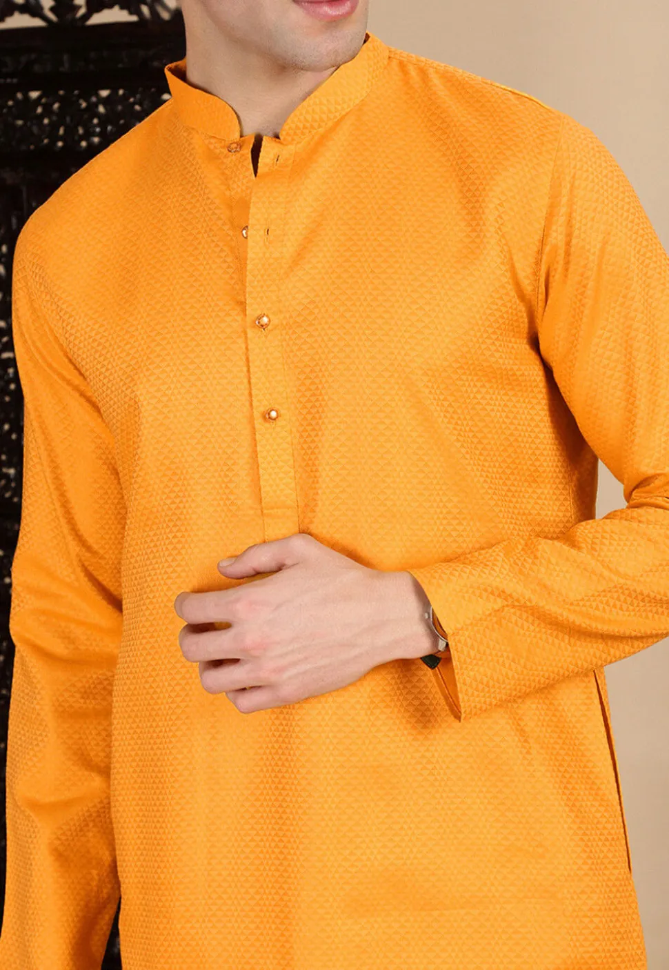 Woven Cotton Kurta in Mustard
