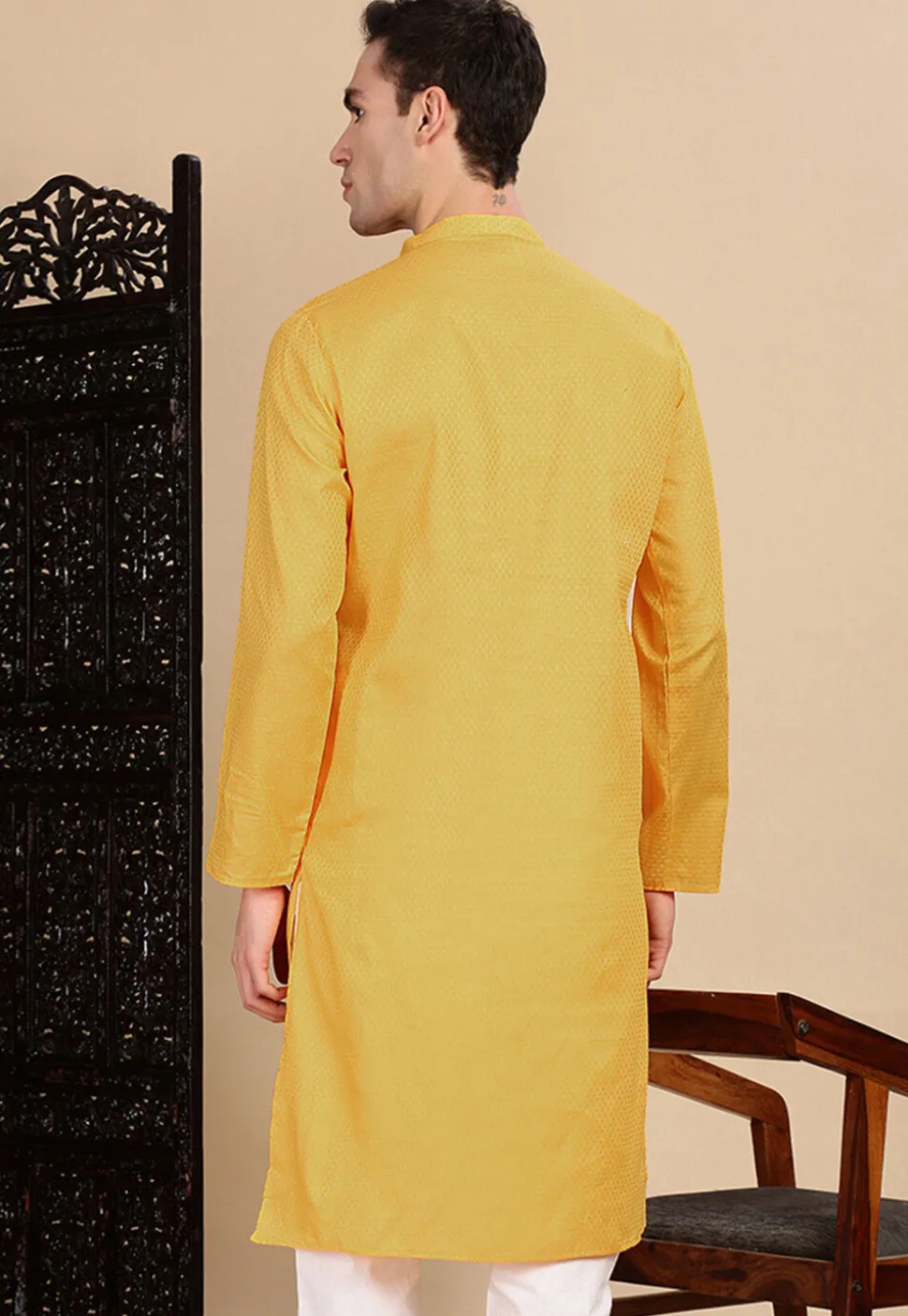 Woven Cotton Kurta in Mustard