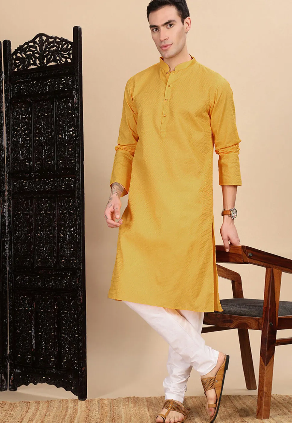 Woven Cotton Kurta in Mustard