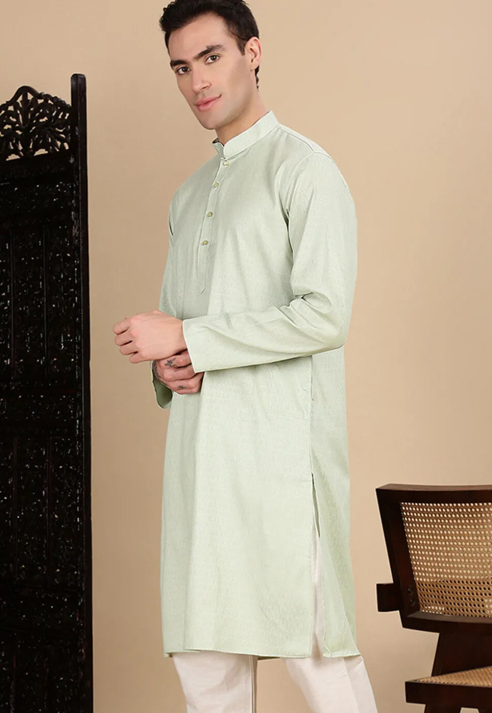 Woven Cotton Kurta in Pastel Green