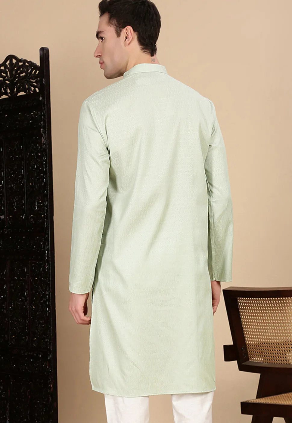 Woven Cotton Kurta in Pastel Green
