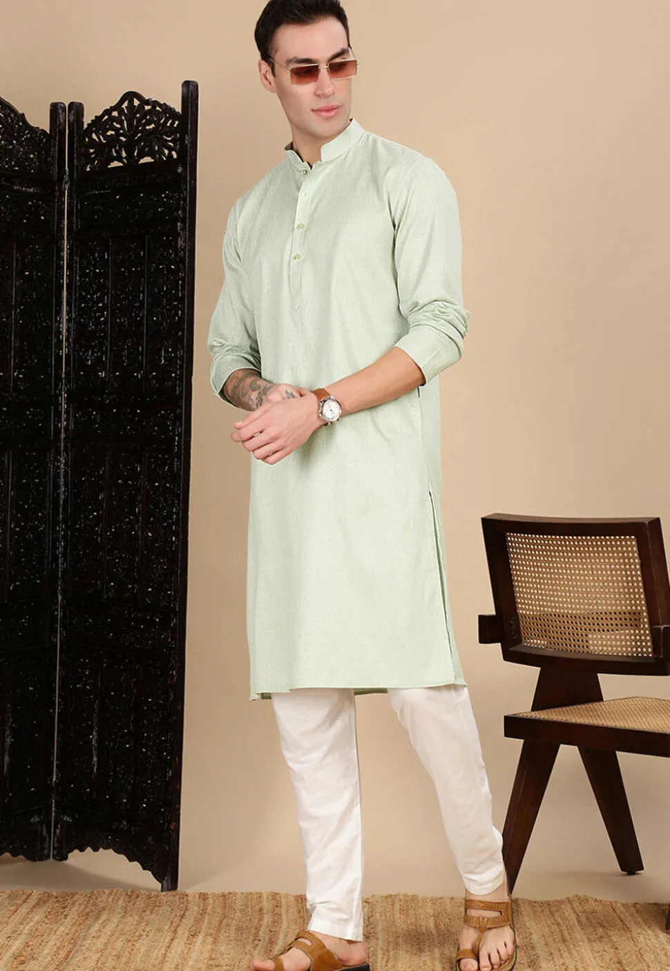 Woven Cotton Kurta in Pastel Green