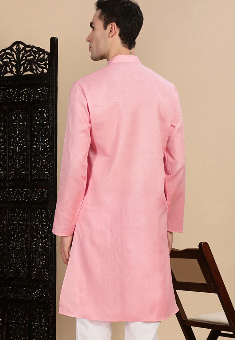 Woven Cotton Kurta in Pink