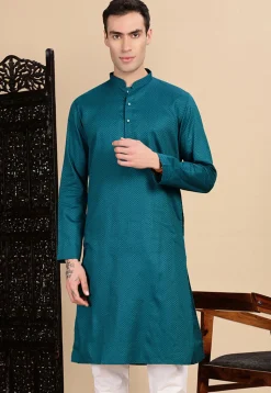 Woven Cotton Kurta in Teal Blue