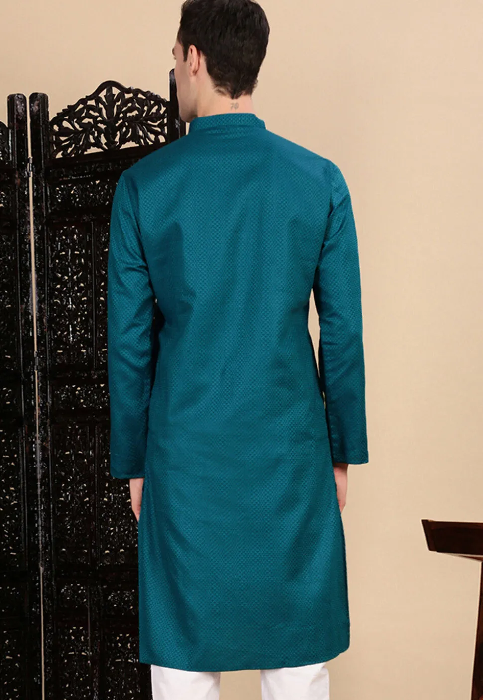 Woven Cotton Kurta in Teal Blue
