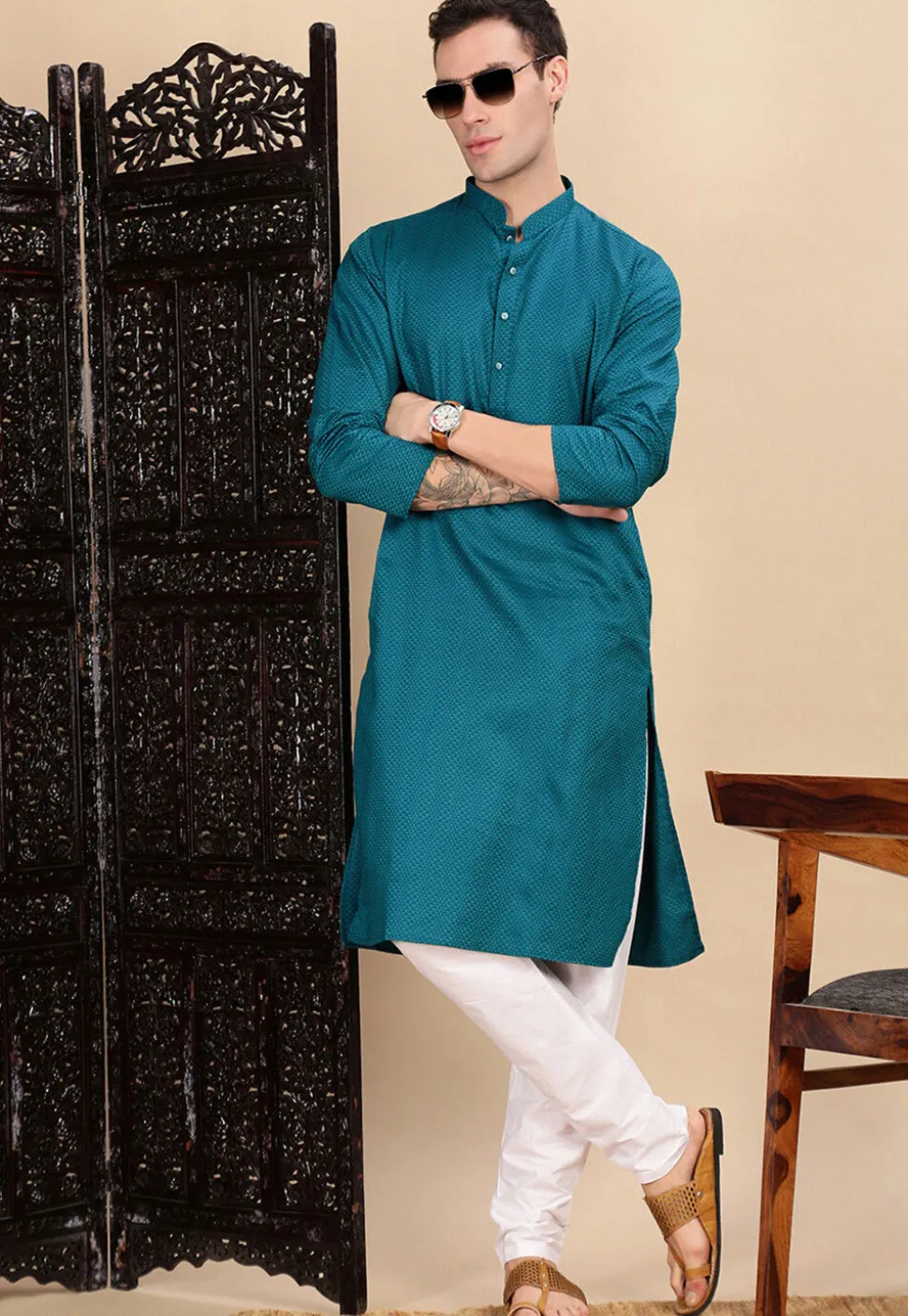 Woven Cotton Kurta in Teal Blue