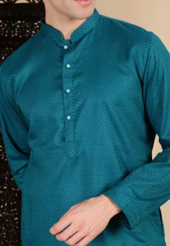 Woven Cotton Kurta in Teal Blue