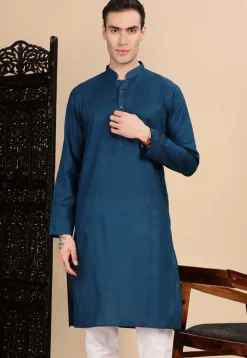 Woven Cotton Kurta in Teal Blue