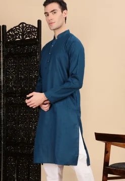 Woven Cotton Kurta in Teal Blue