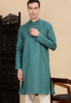 Woven Cotton Kurta in Teal Blue