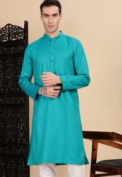 Woven Cotton Kurta in Turquoise
