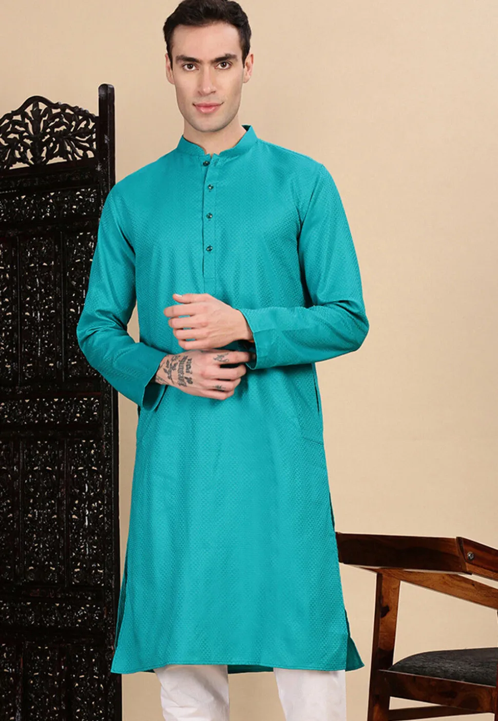 Woven Cotton Kurta in Turquoise